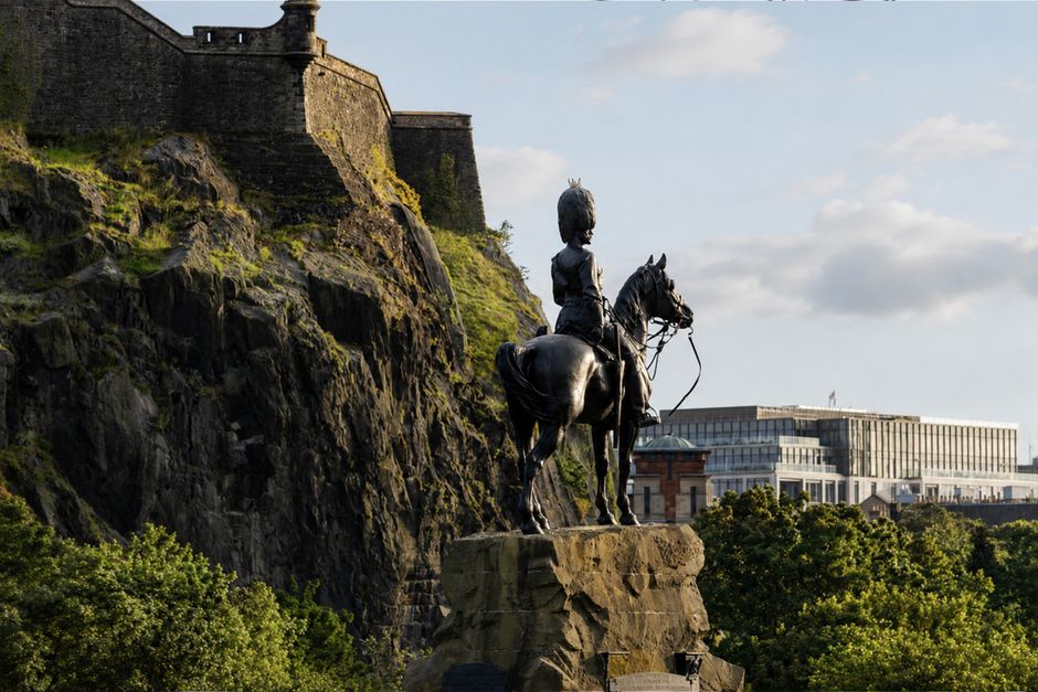 Iconic Edinburgh Castle with an equestrian statue beside it, set against the lush landscape and cityscape.