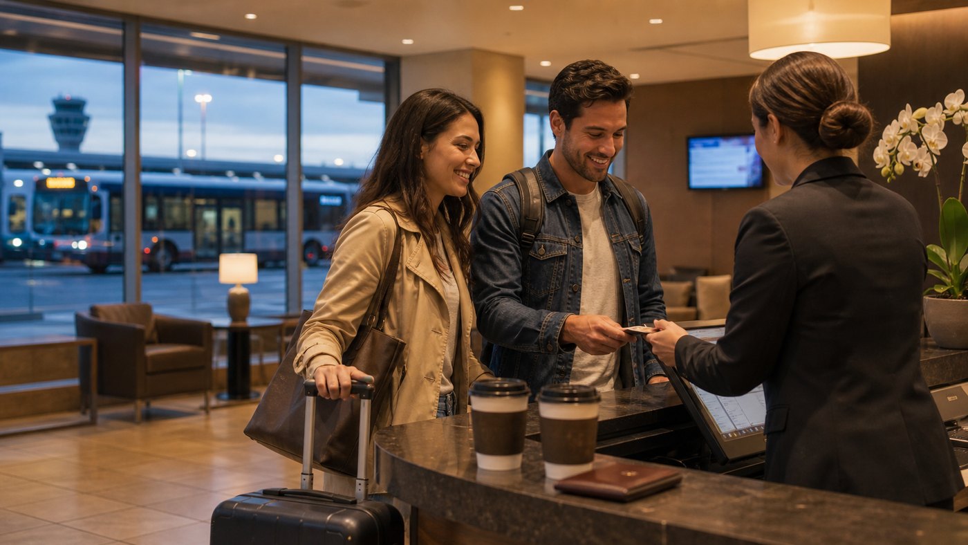 Travelers checking into an airport hotel before an early departure