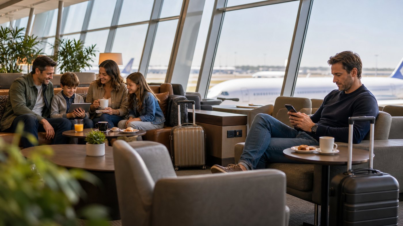 Travelers relaxing in an airport lounge before boarding