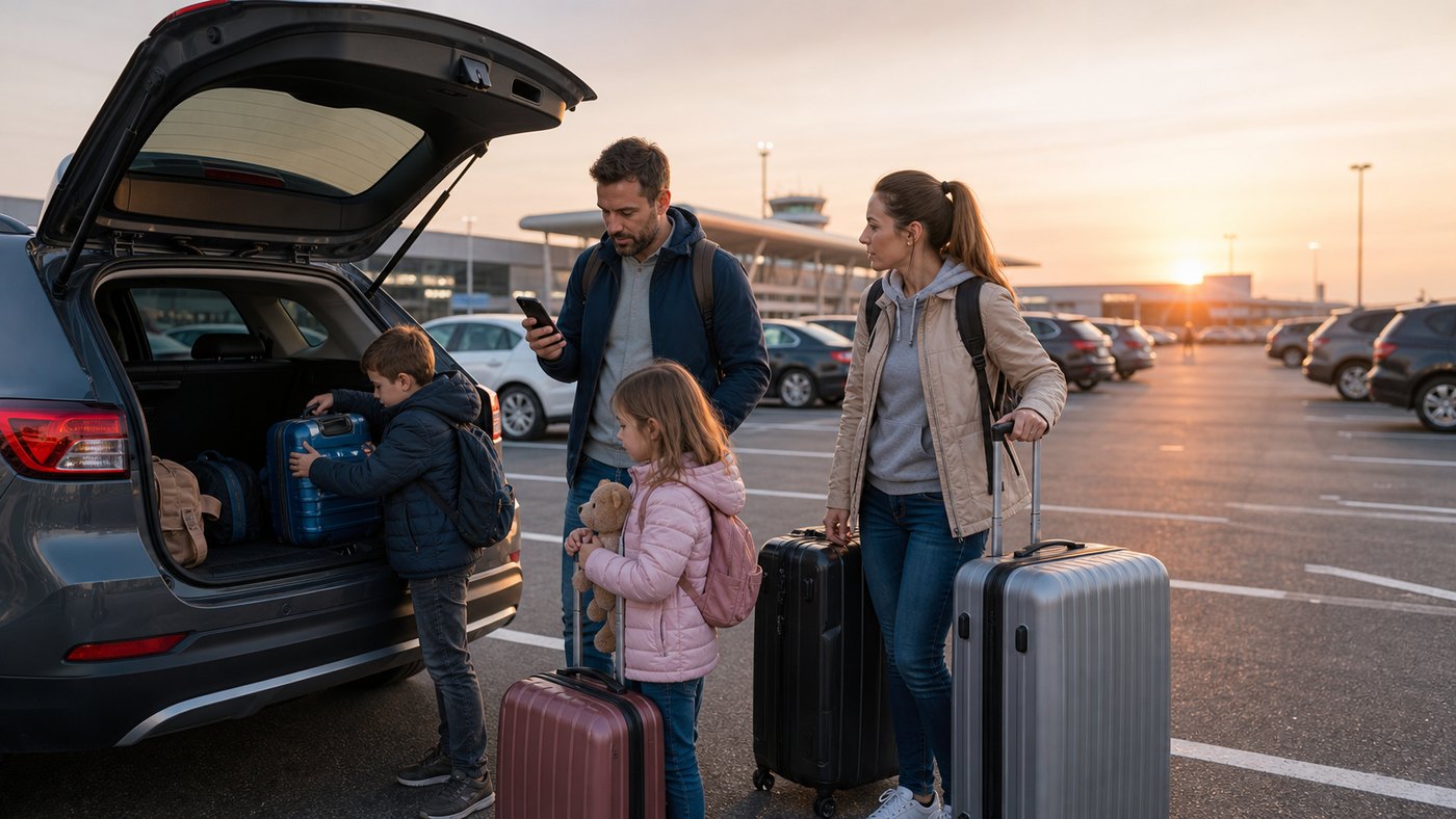 Family unloading luggage at airport parking before an early flight