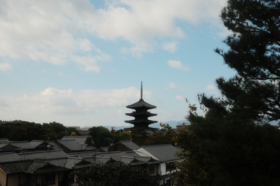 A serene view of Kyoto featuring the iconic Yasaka Pagoda against a clear sky.