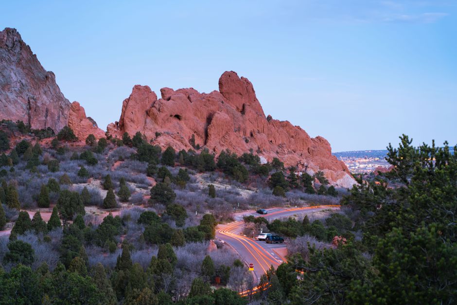 Captivating view of the Garden of the Gods with red rock formations at dusk in Colorado Springs.