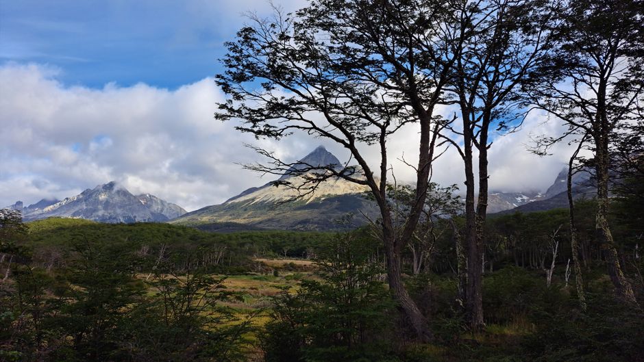 Majestic mountain landscape in Tierra del Fuego, Argentina, with cloudy sky and lush greenery.