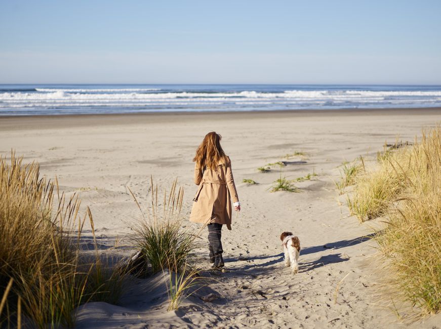 A woman walks her dog along a sandy beach path under clear skies.