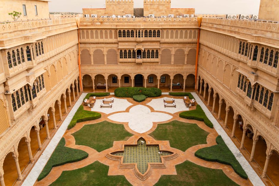 Aerial view of the elegant courtyard in Suryagarh Palace, Jaisalmer, Rajasthan.